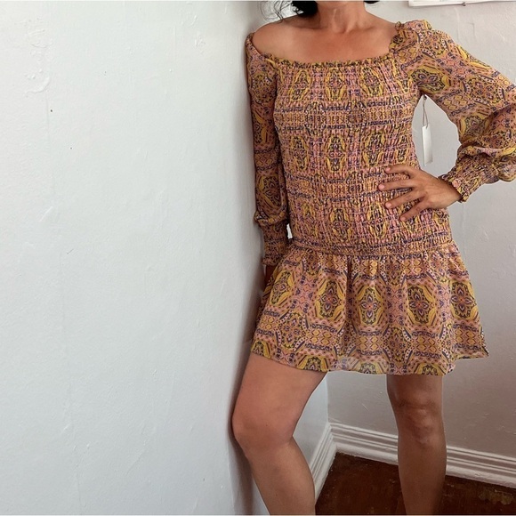 NWT Moon River Long Sleeve Paisley Drop Waist Mini Dress - Picture 2 of 6